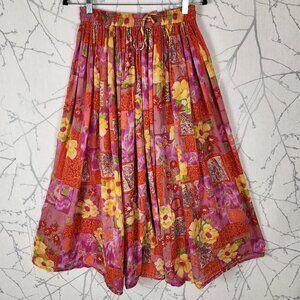 Papaya Moon Floral Print 100% Cotton Pull On Pleated Midi Skirt